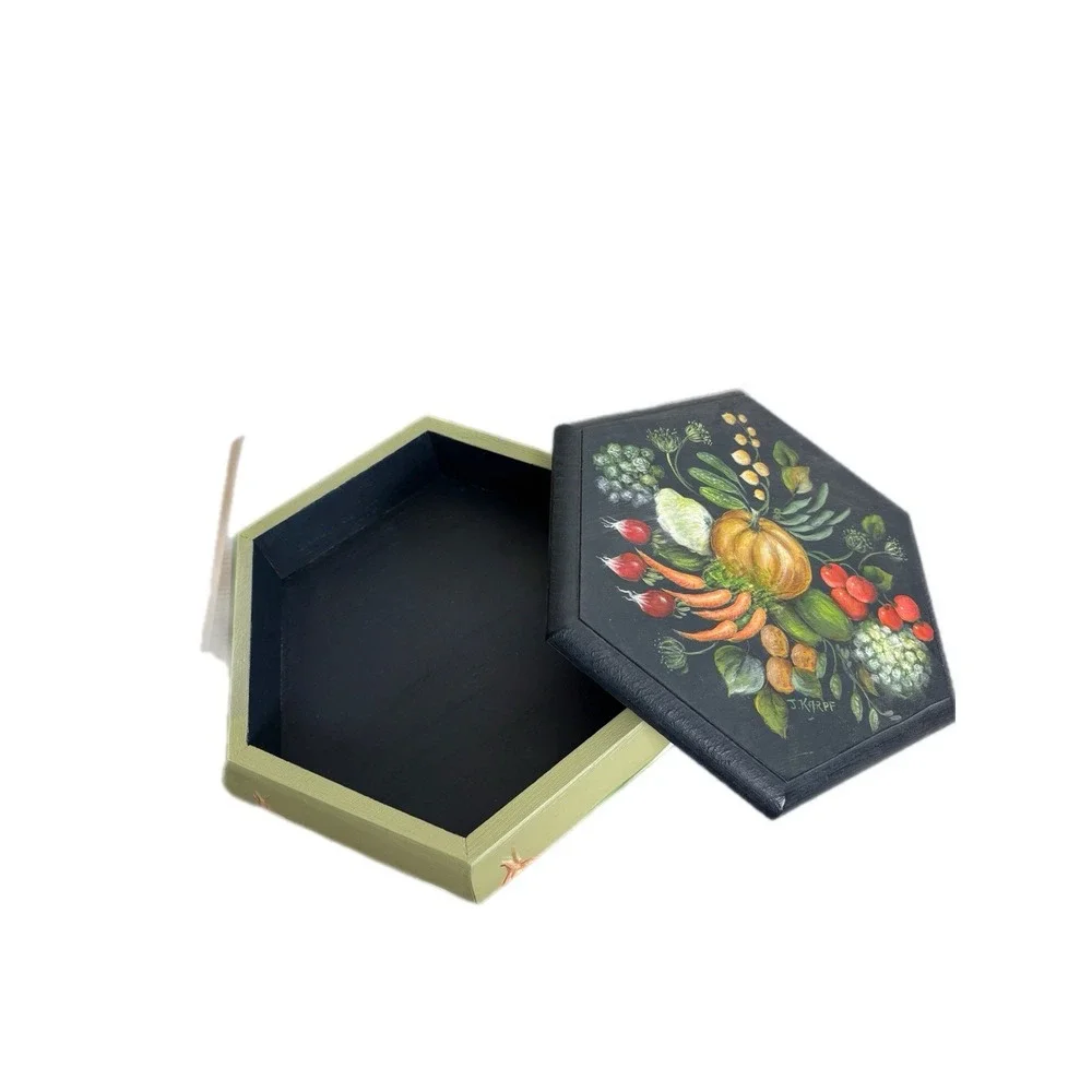 Vintage Fruit Hand Painted Country Farmhouse Folk Art Wooden Treasure Box Signed